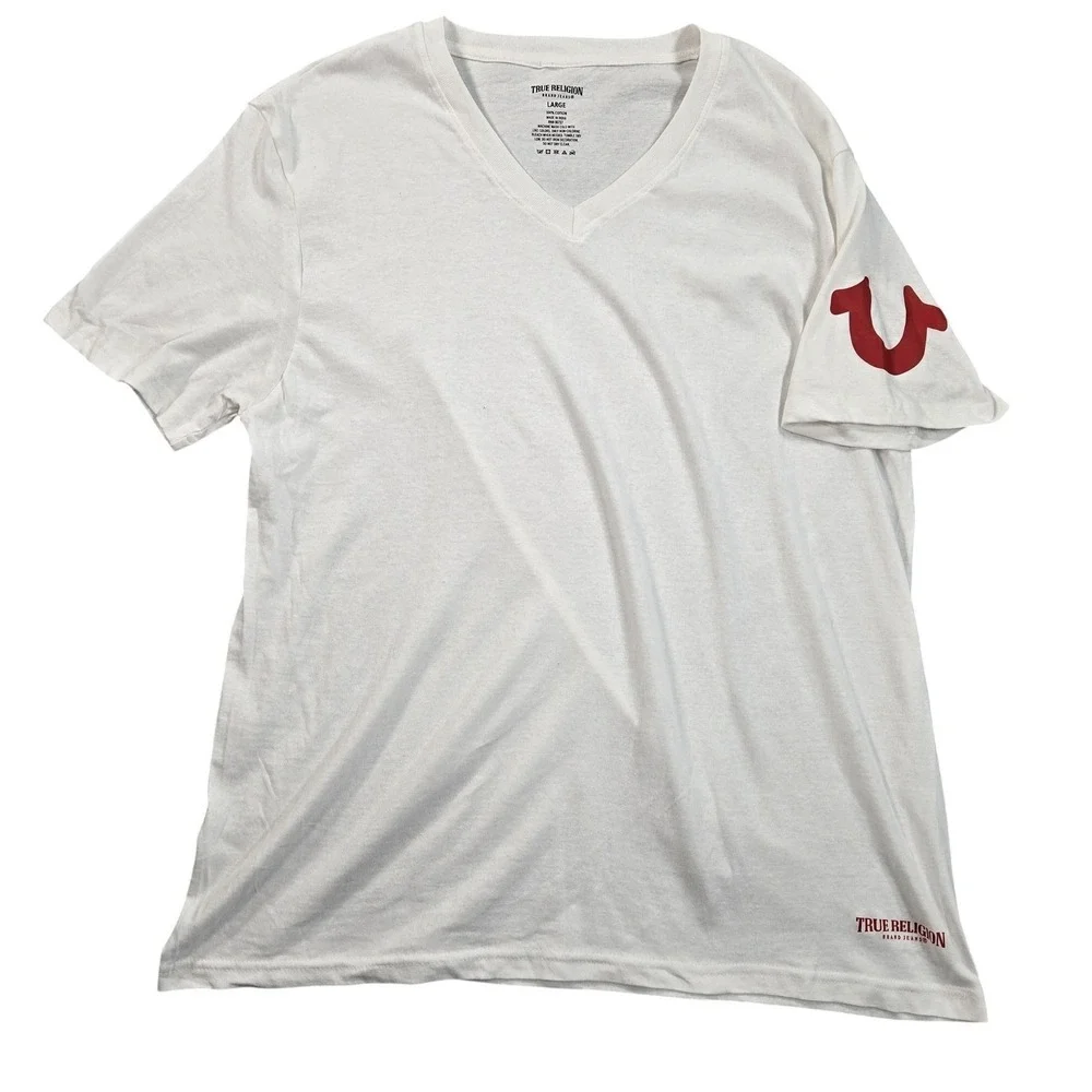 True Religion Brand Jeans Shirt Mens Large White V Neck Red‎ Horseshoe Tee